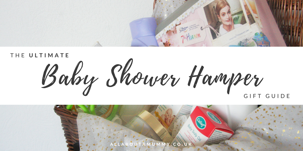 Picture of blog title with baby shower hamper behind