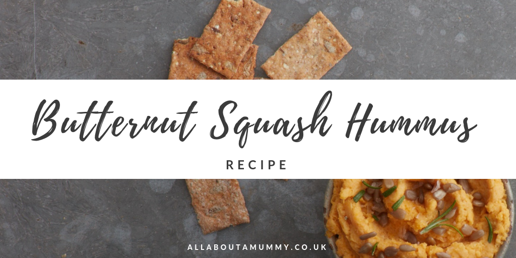 Picture of Hummus and crackers with recipe title Butternut Squash Hummus recipe across