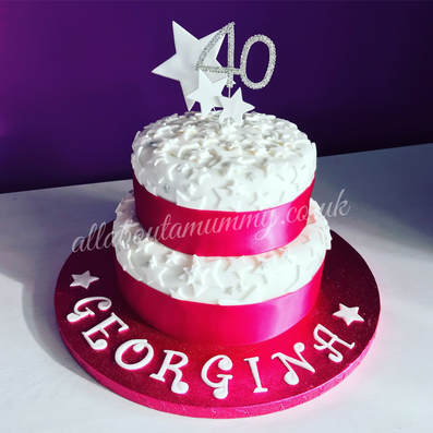 Picture of a pink 40th birthday cake. Two tiers covered in stars with a glittery 40 topper.