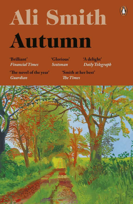 Picture of Autumn by Ali Smith Book Cover featuring David Hockney Autumn lane with trees painting
