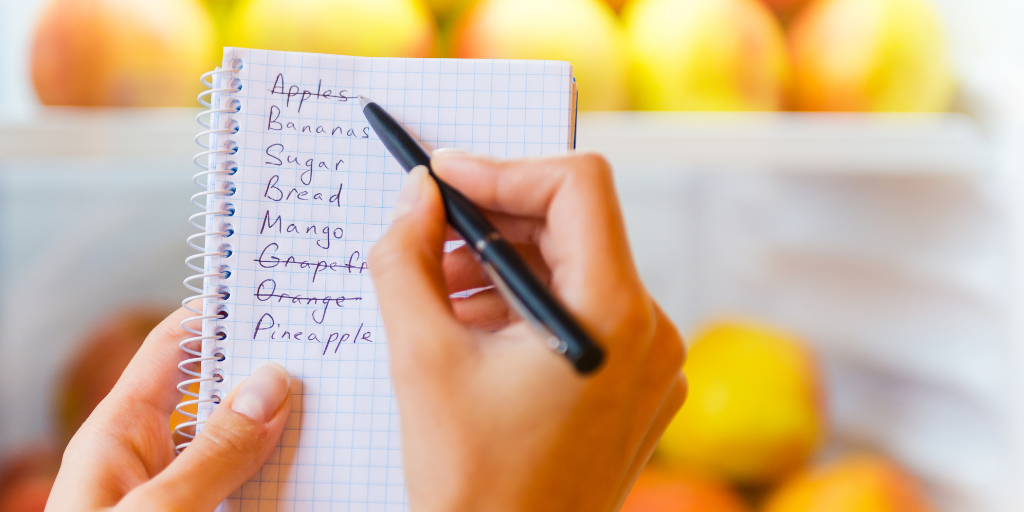 Picture of a shopping list with produce behind