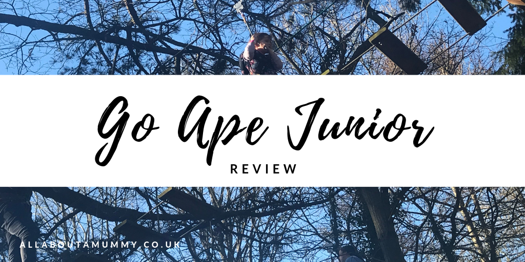 Go Ape Junior review blog post title with image of go ape junior behind