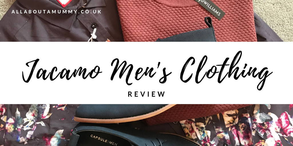 Jacamo men's clothing review title with flatlay of men's clothes behind