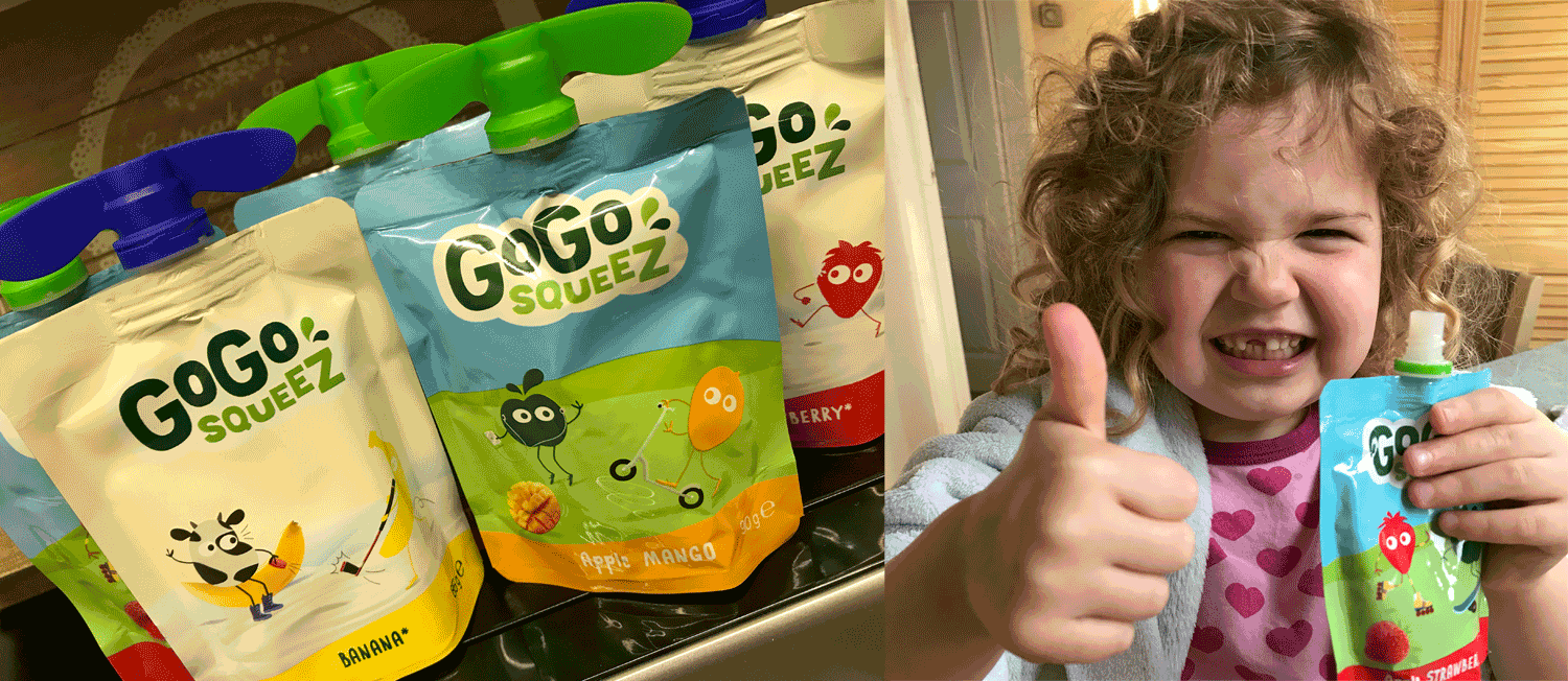 Picture of GoGoSqueez pouched and a girl giving a big thumbs up