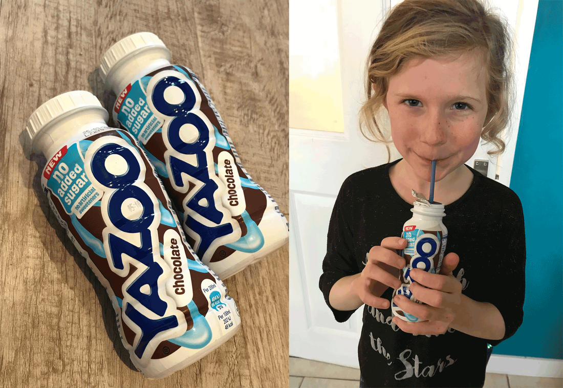 Picture of Yazoo no added sugar chocolate milkshake and a girl drinking from a draw