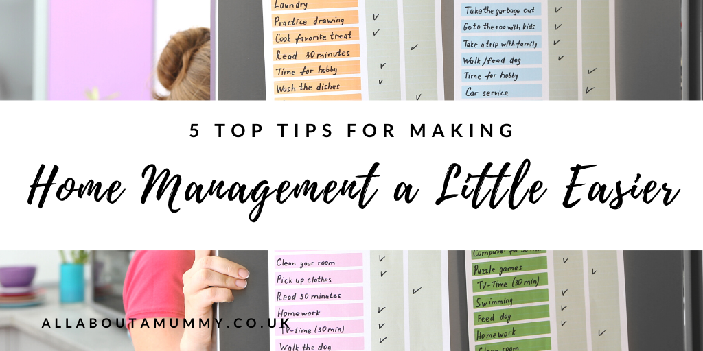 5 Top Tips for Making Home Management a Little Easier blog post title with image of to do lists on fridge door