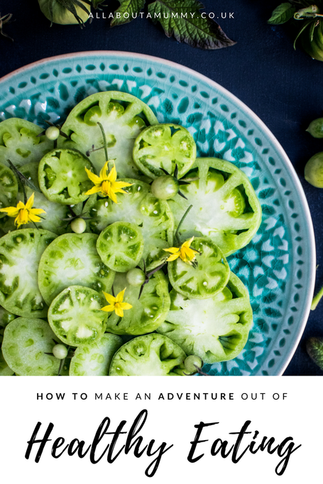 Picture of heathy green tomato salad with blog title overlay