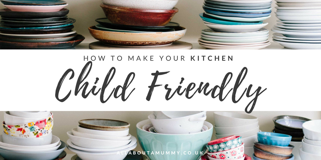 How to make your kitchen child friendly blog title with stacks of plates behind