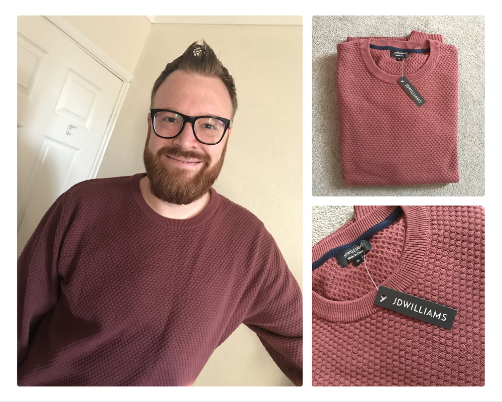 Picture collage of JD Williams men's berry jumper from Jacamo