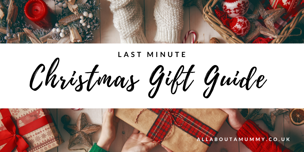 Last minute Christmas gift guide blog post title with image of people exchanging gifts 