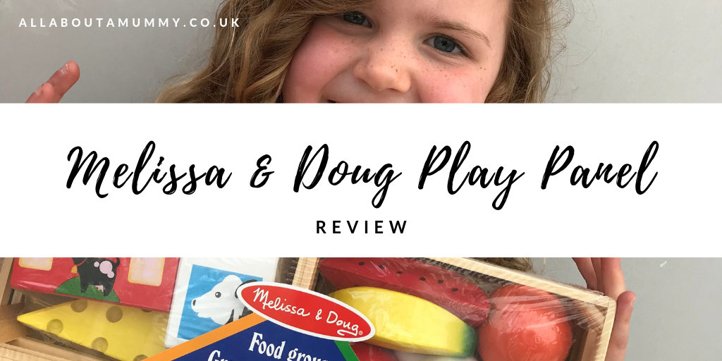 Picture of Melissa and Doug toy with blog post title ‘Melissa and Doug Play Panel Review’