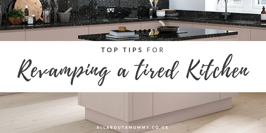 Picture of a shiny kitchen with blog post title Top Tips for Revamping a Tired Kitchen overlay