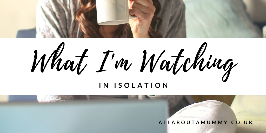 What I am Watching in isolation blog post title image of woman drinking tea watching laptop