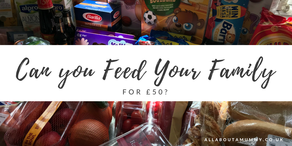 Picture of weekly shop with blog title post 'can you feed your family for £50 challenge across it