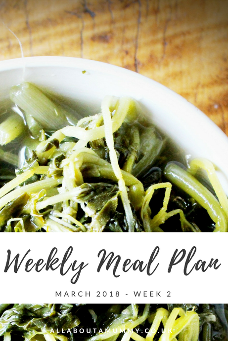 Picture of cooked greens with Weekly Meal Plan title across
